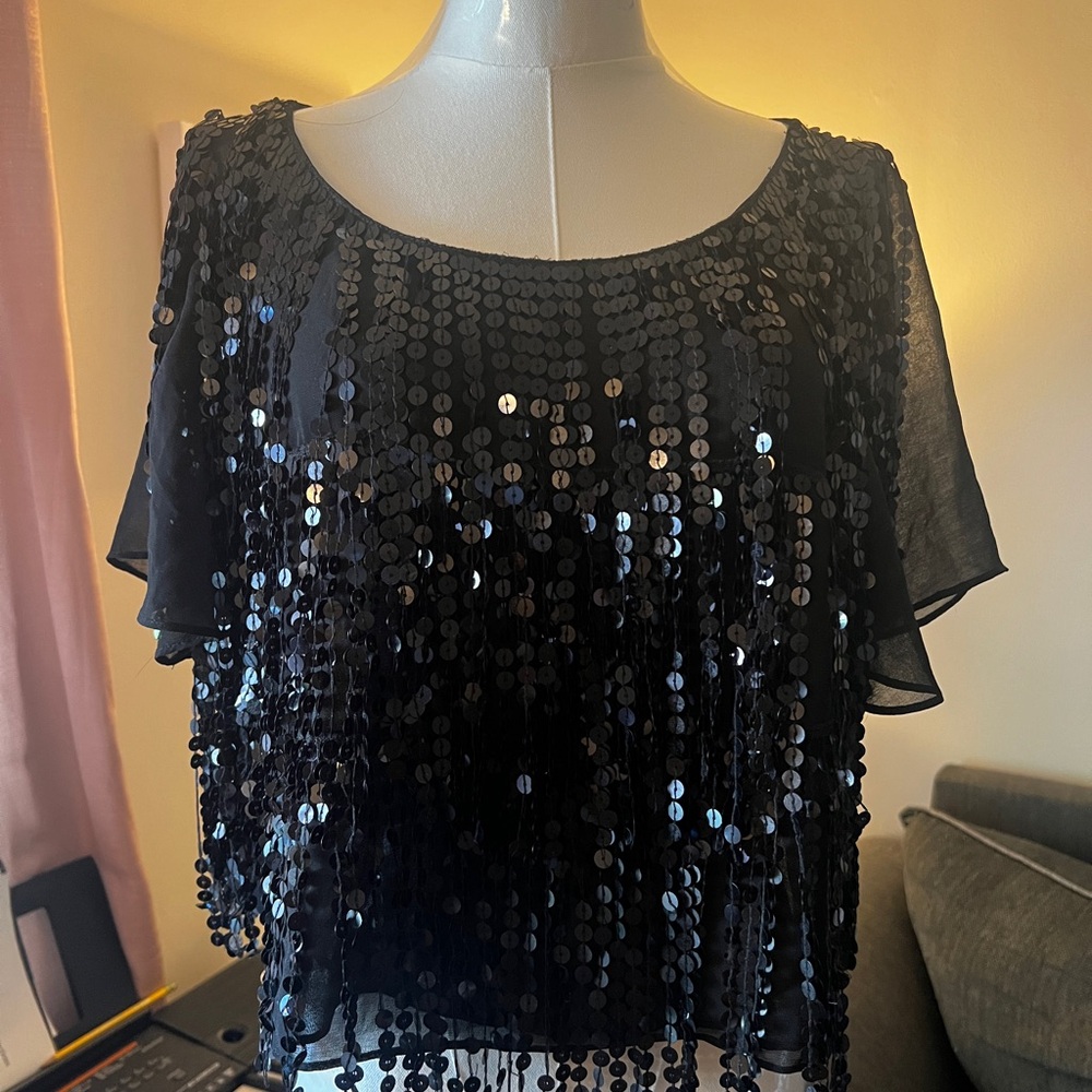 Bebe Black Sequin Flutter Sleeve Crop Blouse